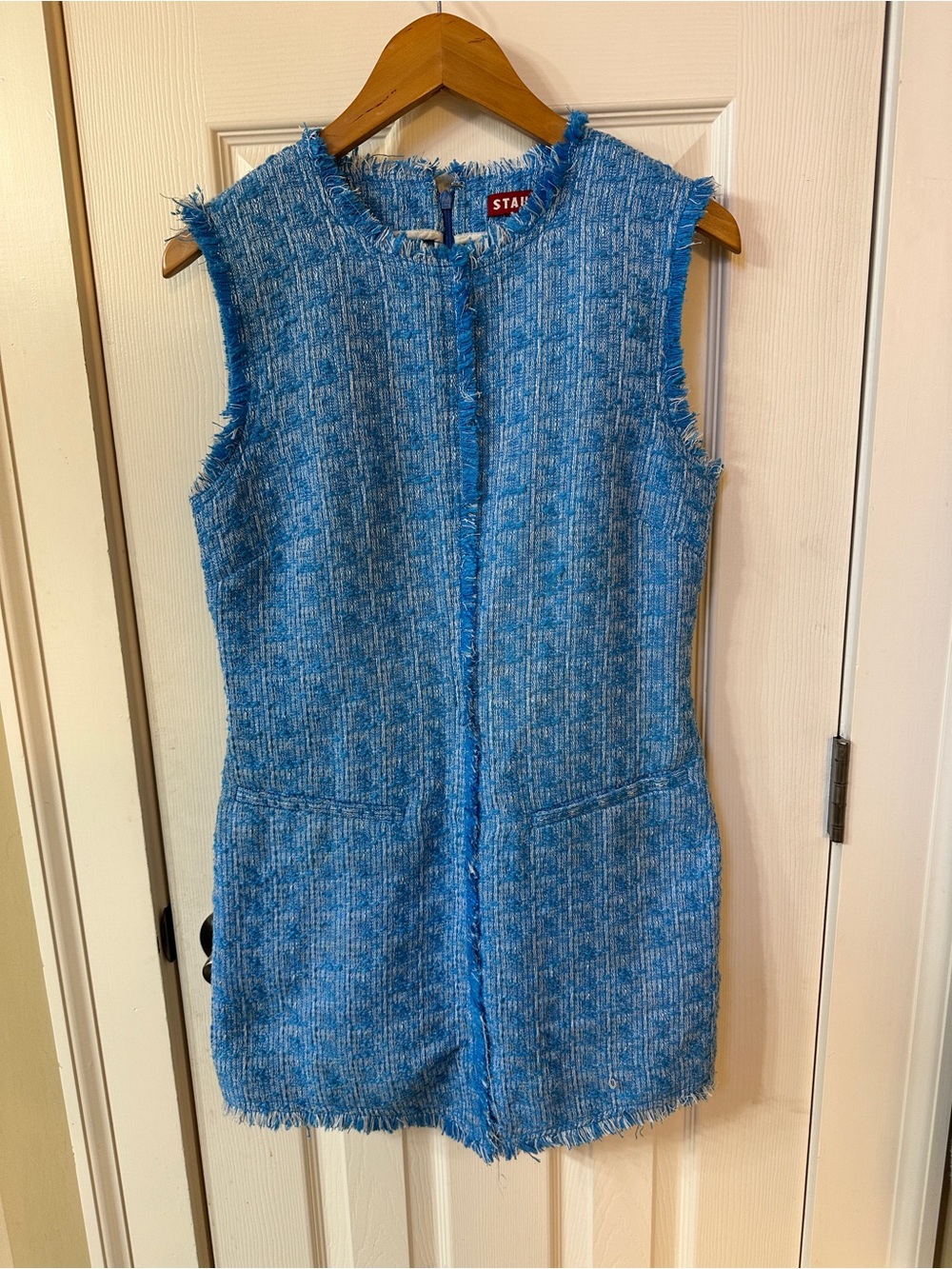 STAUD Boucle Tweed Shift Dress with Raw Edge Cobalt Blue Size 8 Chanel inspired